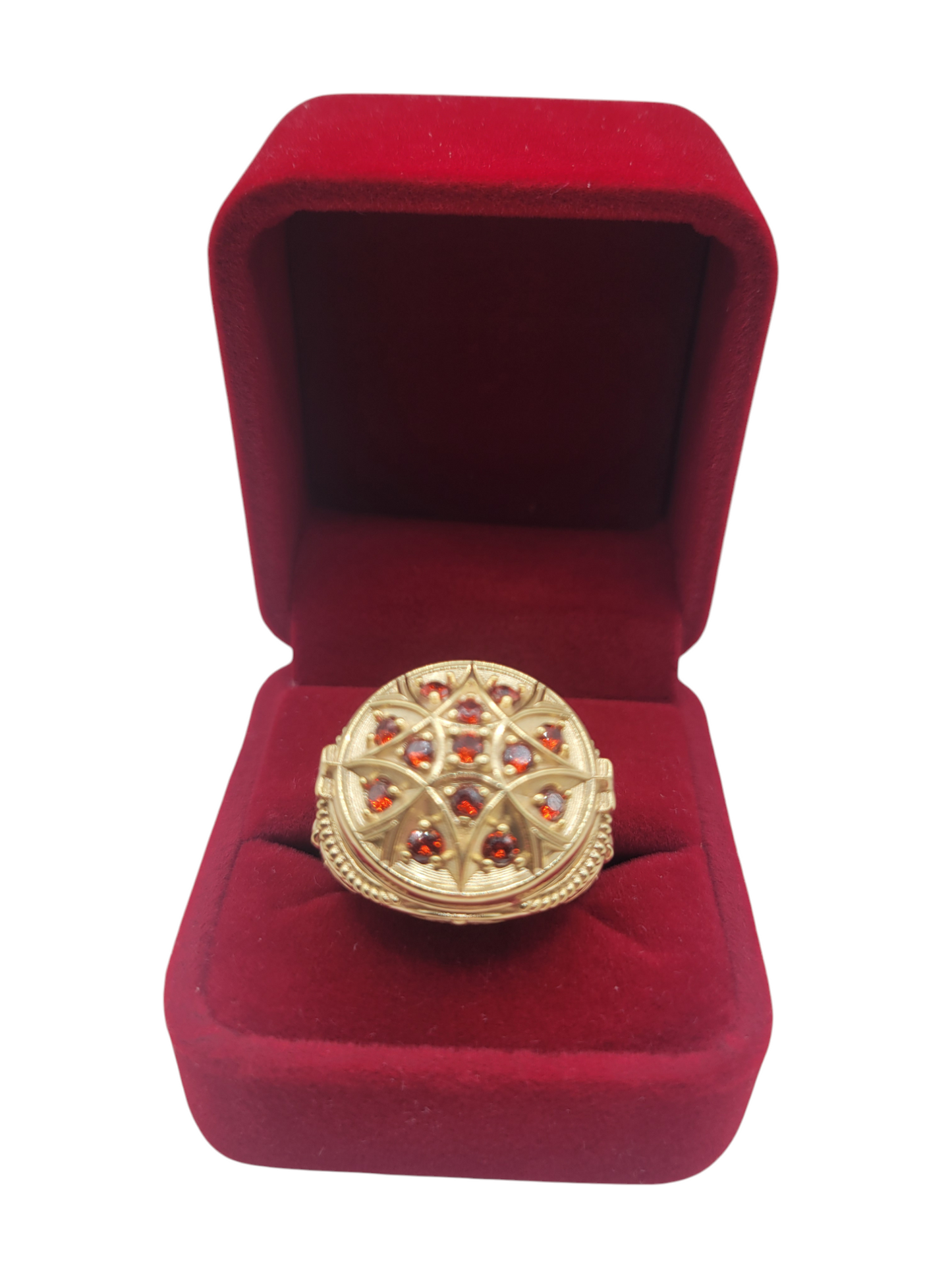 10K gold ring. Red CZ stone rosette. Size 10