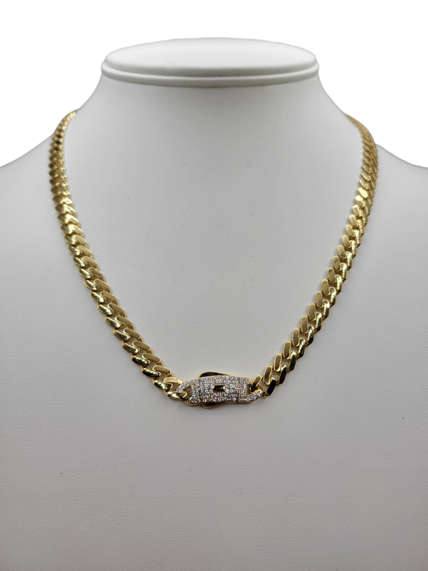 14K Gold Cuban Chain. Monaco Style. CZ Stone Clasp. 18in. 6mm