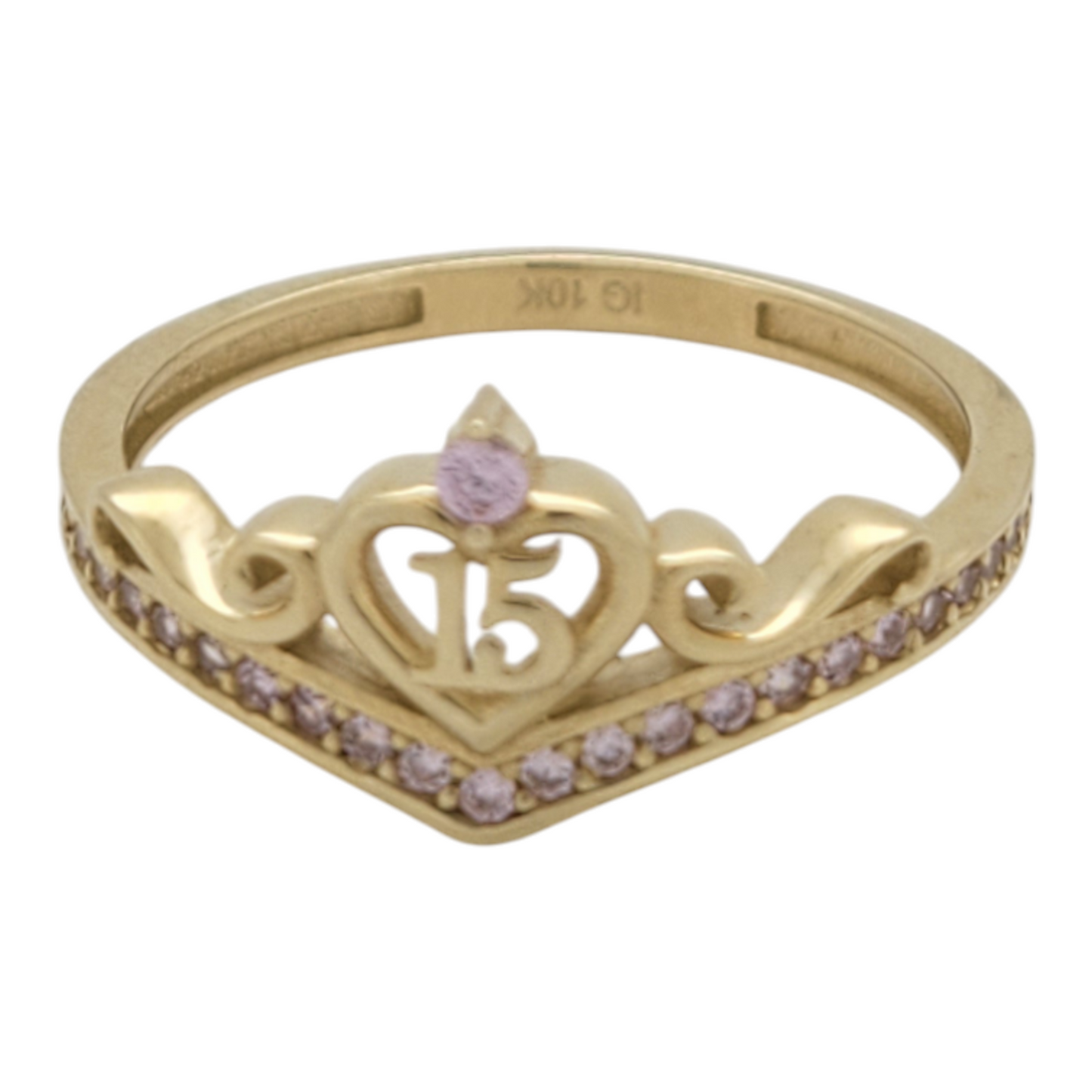10K gold ring. Quinceañera. Heart with violet CZ stone. Size 7