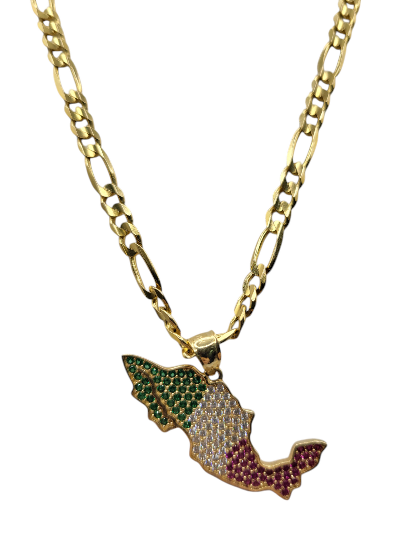 Solid 14K gold Figaro chain. Territory of Mexico pendant. CZ stone. 22 inches. 4.5 mm.