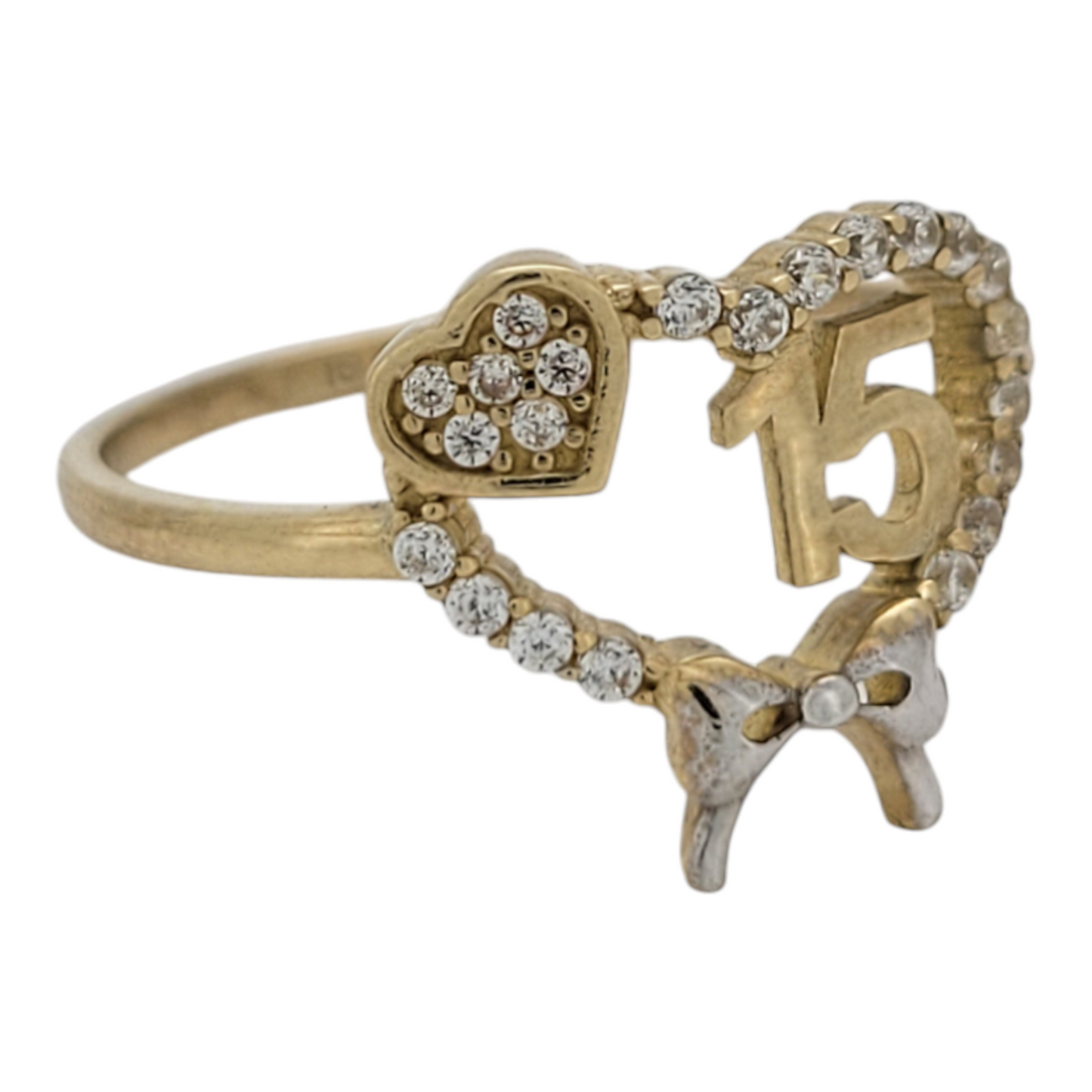 10K gold ring. Quinceañera. Heart and bow. CZ stone. Size 9