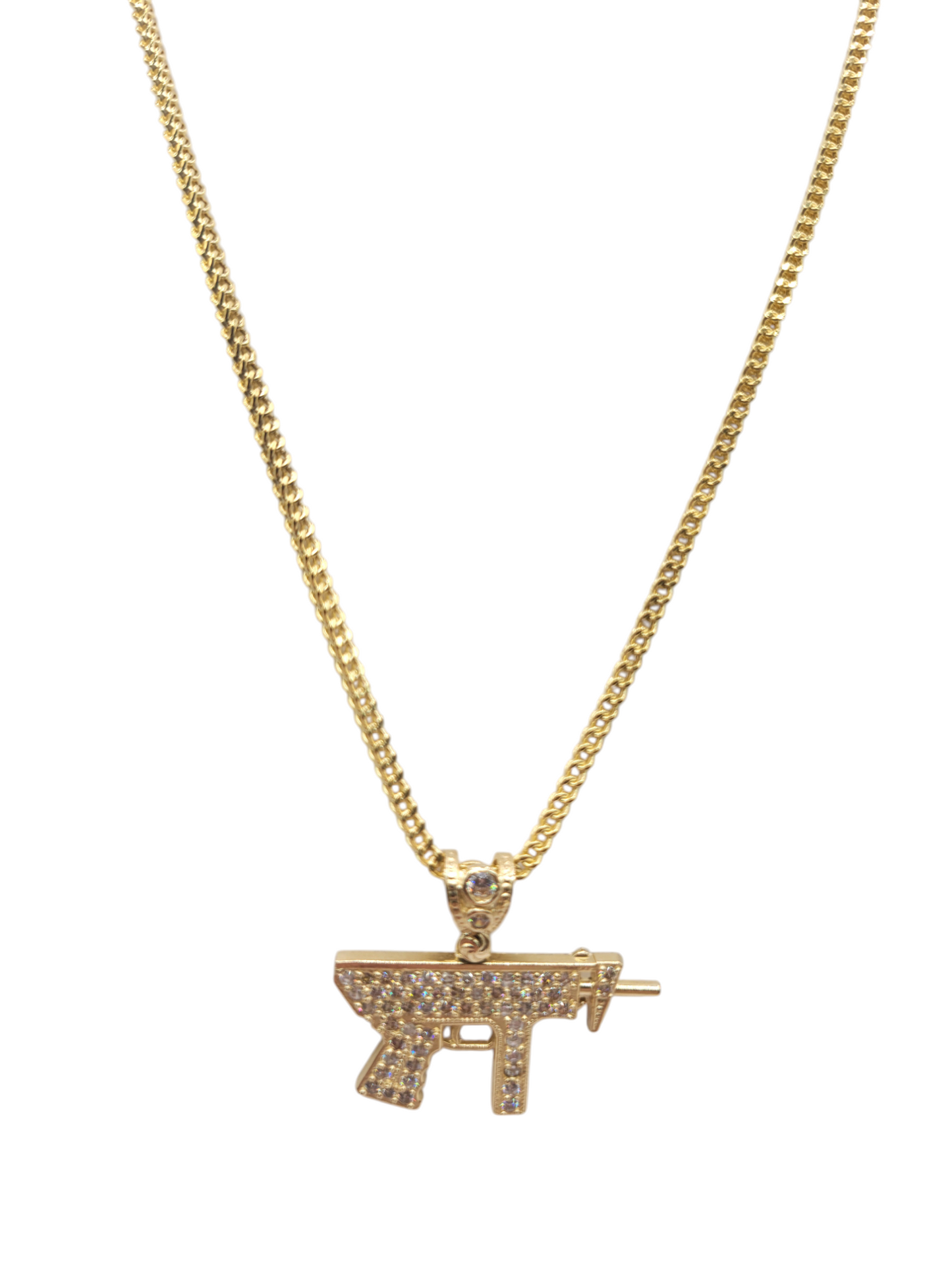 10K Gold Chain. Pistol Pendant with CZ Stone. 22in. 2.5mm