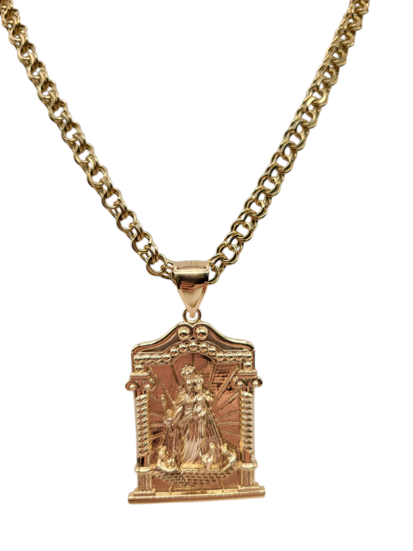 10K gold chain. Chinese weave. Virgin of Charity pendant. 24in. 6mm