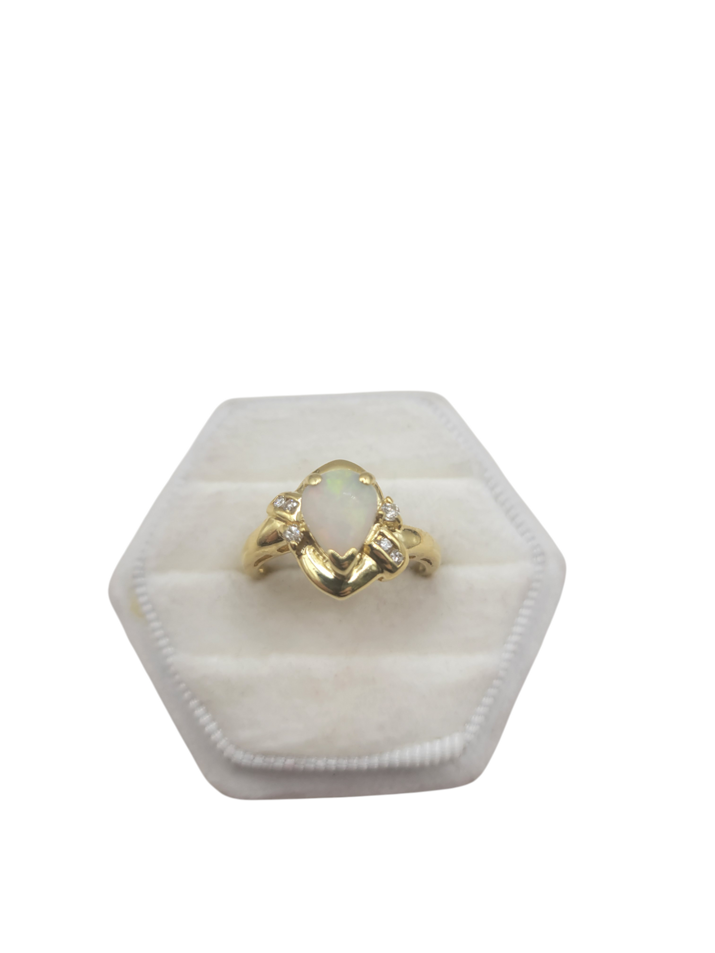 14K gold ring with real diamonds and opal in the central drop shape. Size 7
