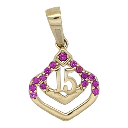 10K gold pendant. Quinceañera. Pink CZ stone.