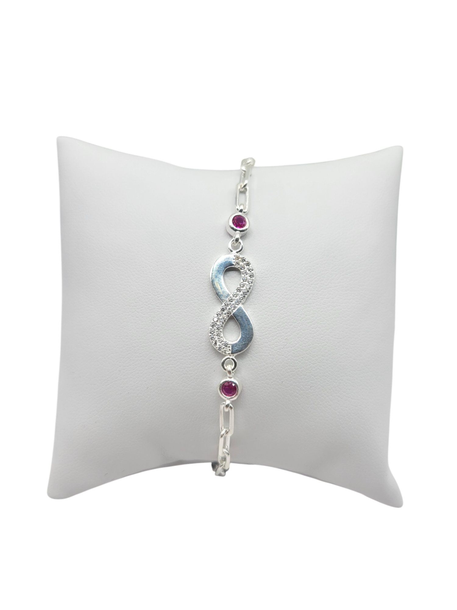 925 silver bracelet. Infinity symbol. Red CZ stone. 7.5in . 3.5mm.