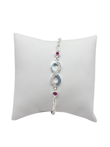 925 silver bracelet. Infinity symbol. Red CZ stone. 7.5in . 3.5mm.