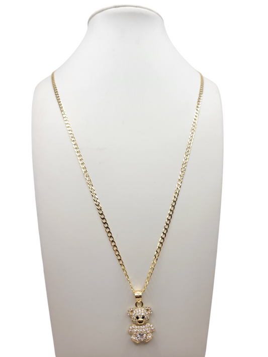 10K Gold Chain. White CZ Stone Bear Pendant. 22in. 3mm