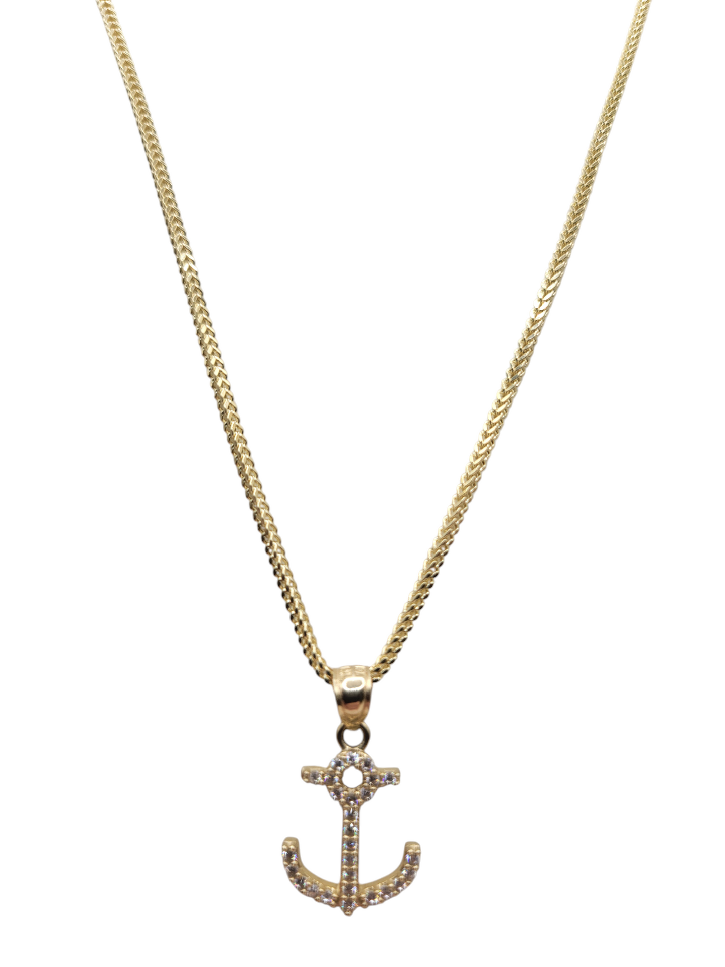 10K gold Franco chain. Anchor pendant with CZ stone. 24in . 2mm
