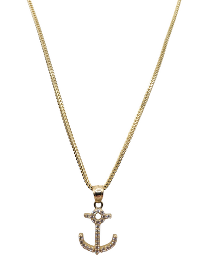 10K gold Franco chain. Anchor pendant with CZ stone. 24in . 2mm