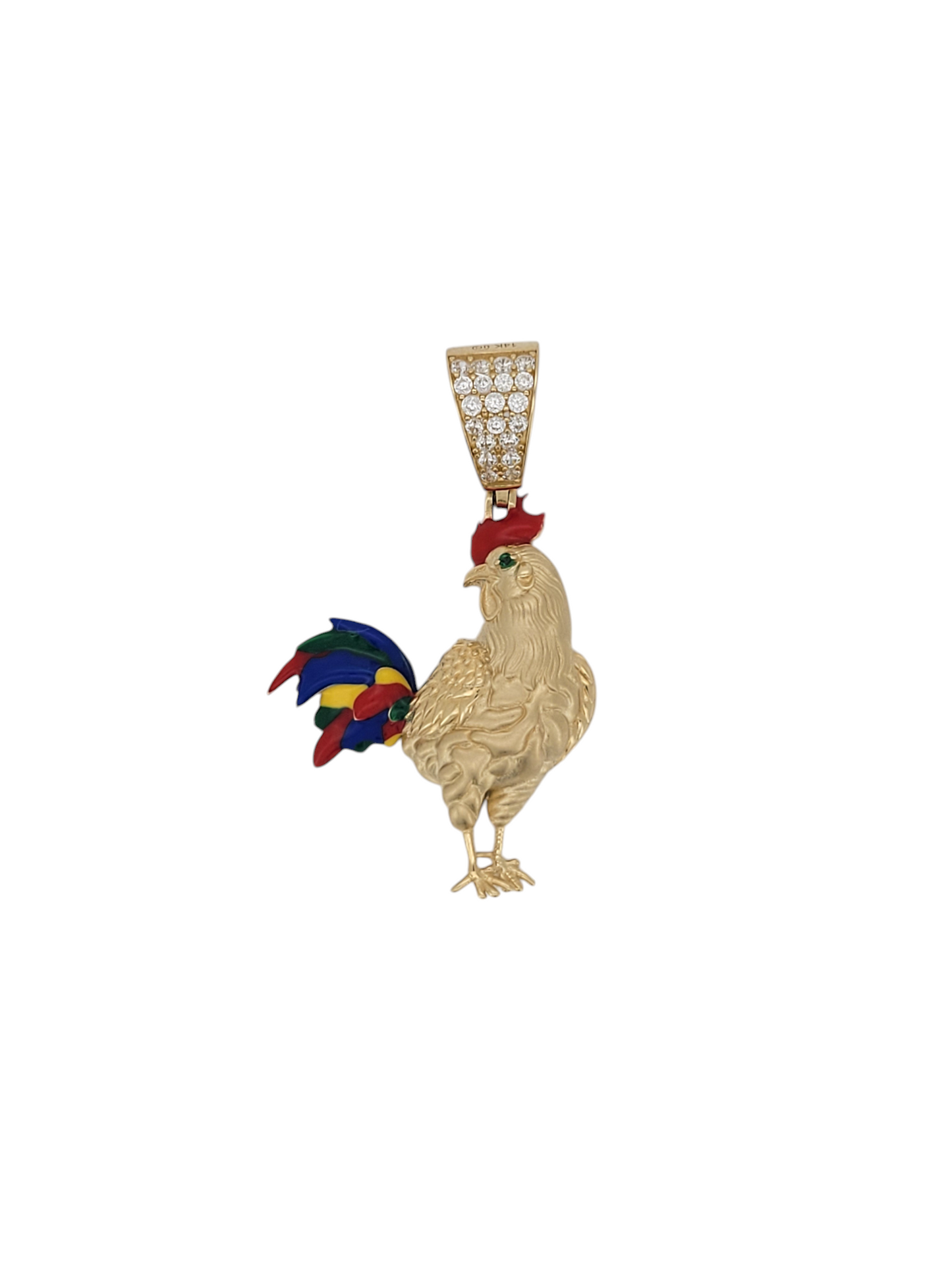 14K gold pendant. Rooster. CZ stone.