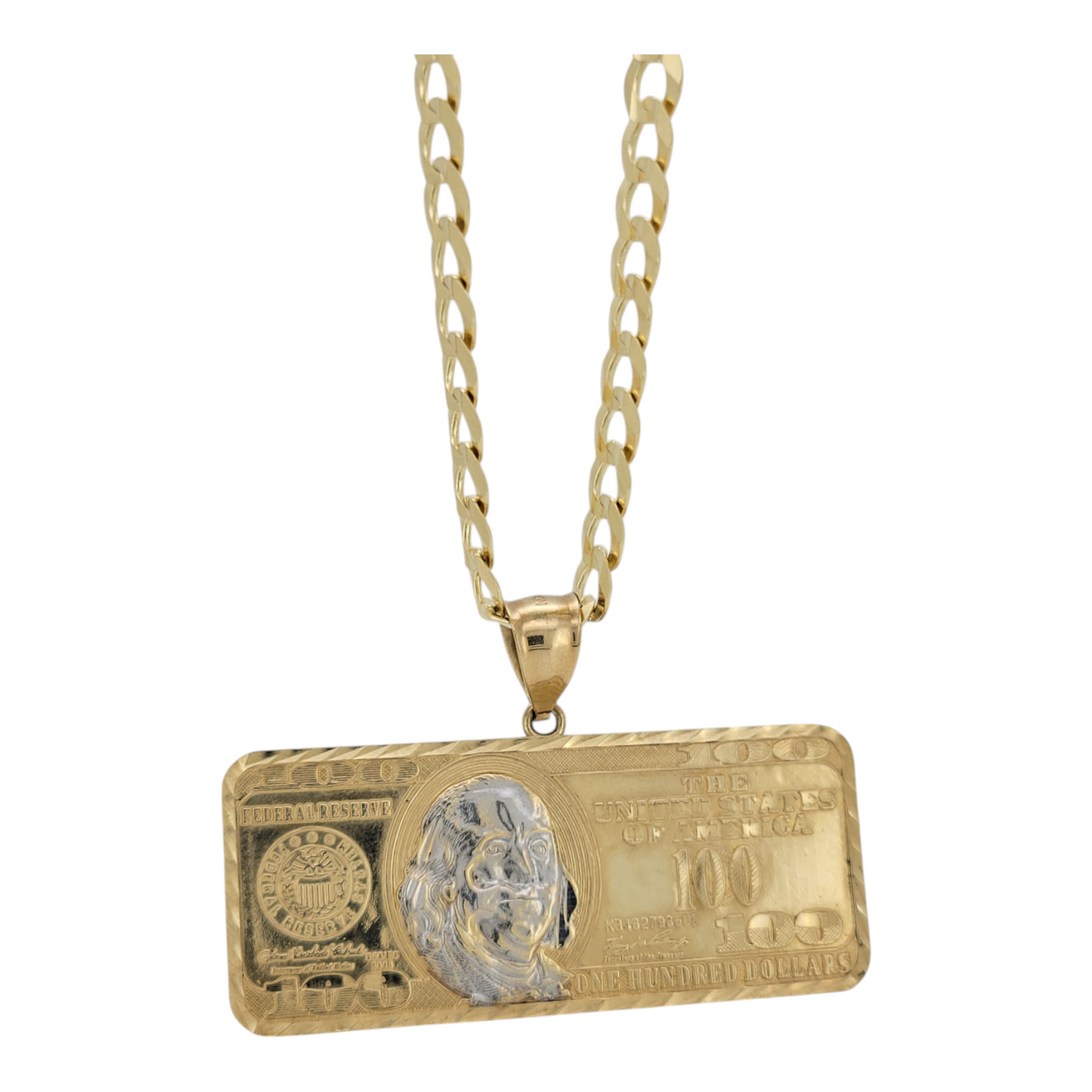 10K Gold Cuban Link Chain. Double Edge. Solid. $100 Bill Pendant. 22in . 6mm