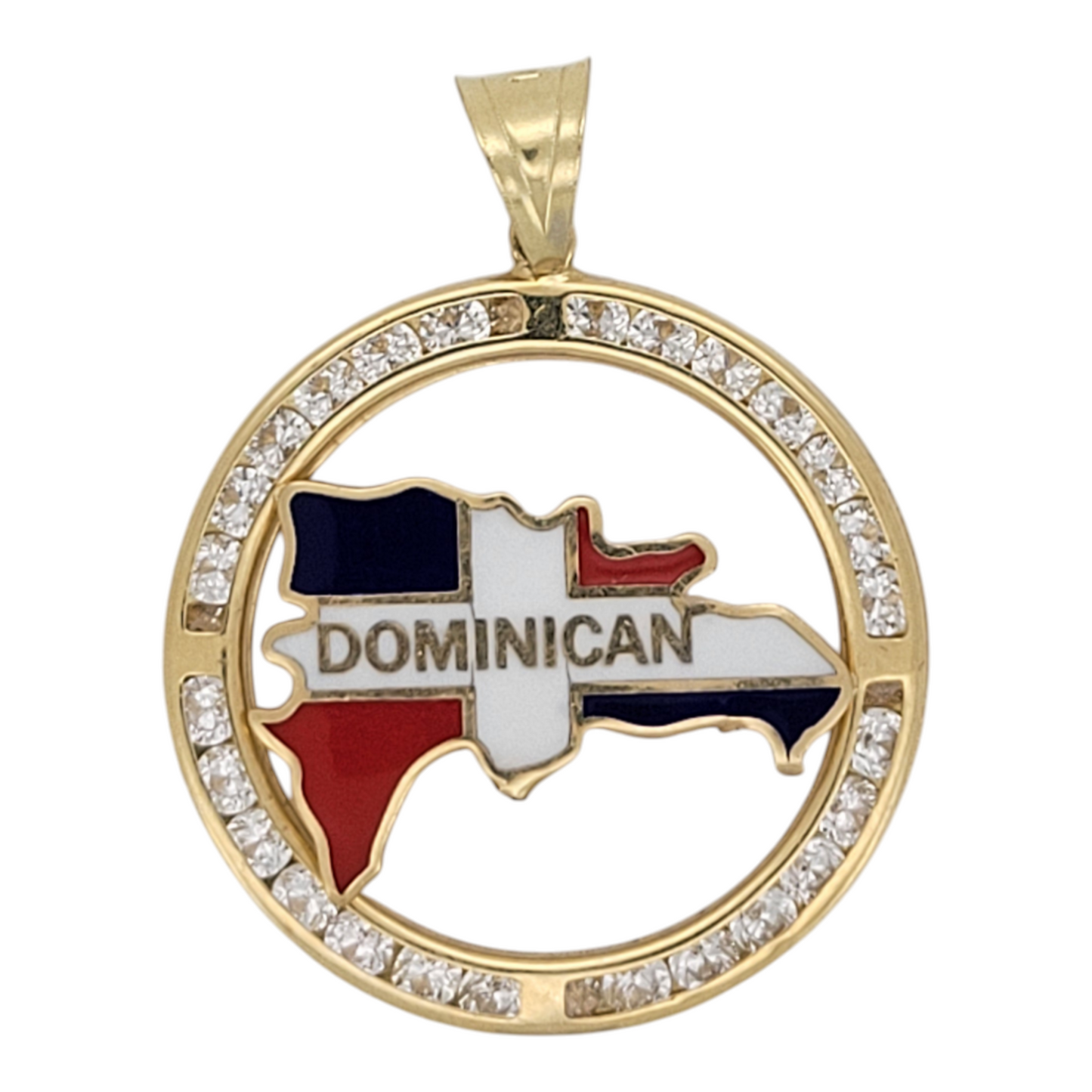 14K gold pendant. Round, Dominican Republic. CZ stone.