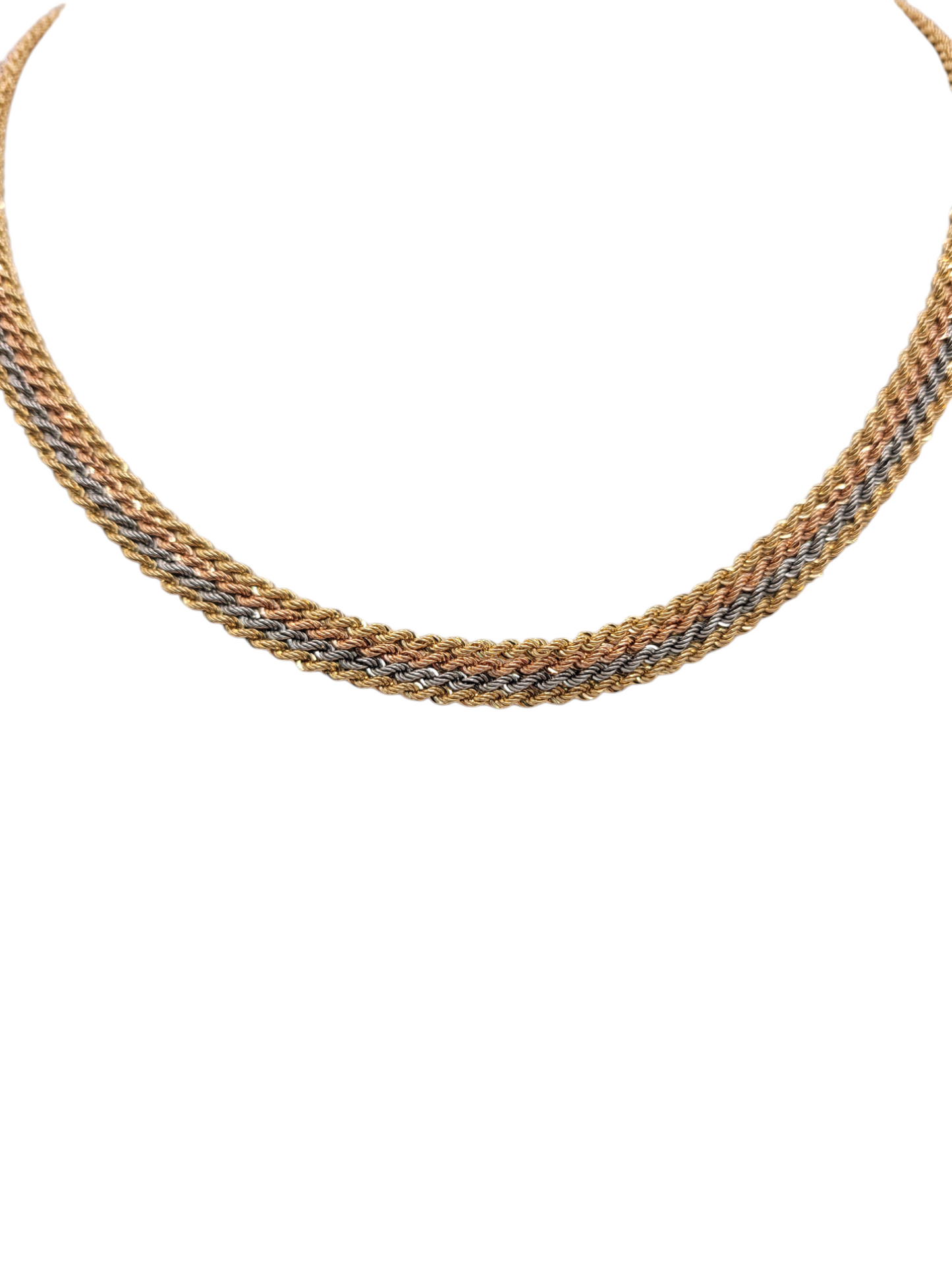 14K Gold Necklace, 3-Color Woven, 18 in, 7mm