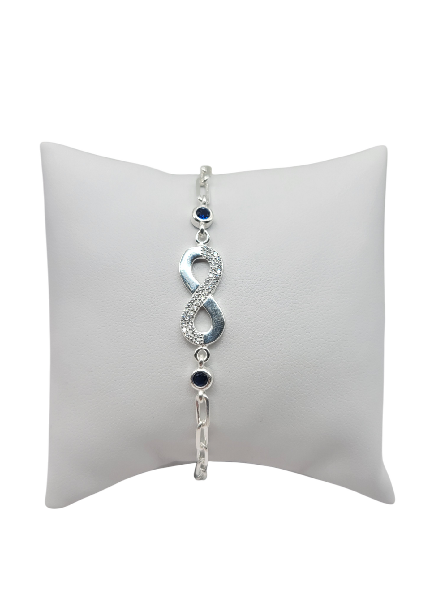 925 Sterling Silver Infinity Bracelet. Blue CZ Stone. 7.5in. 3mm