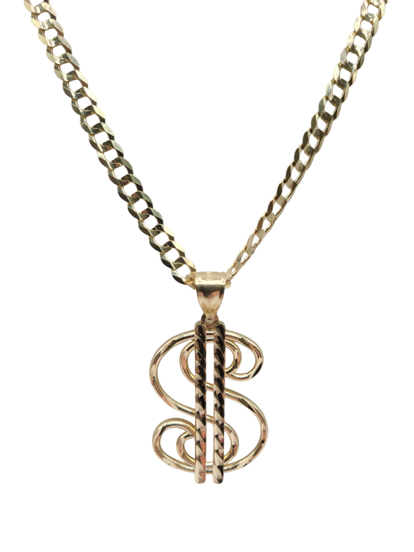 Solid 10K gold Cuban chain. Money symbol pendant. 26 inches. 6 mm.