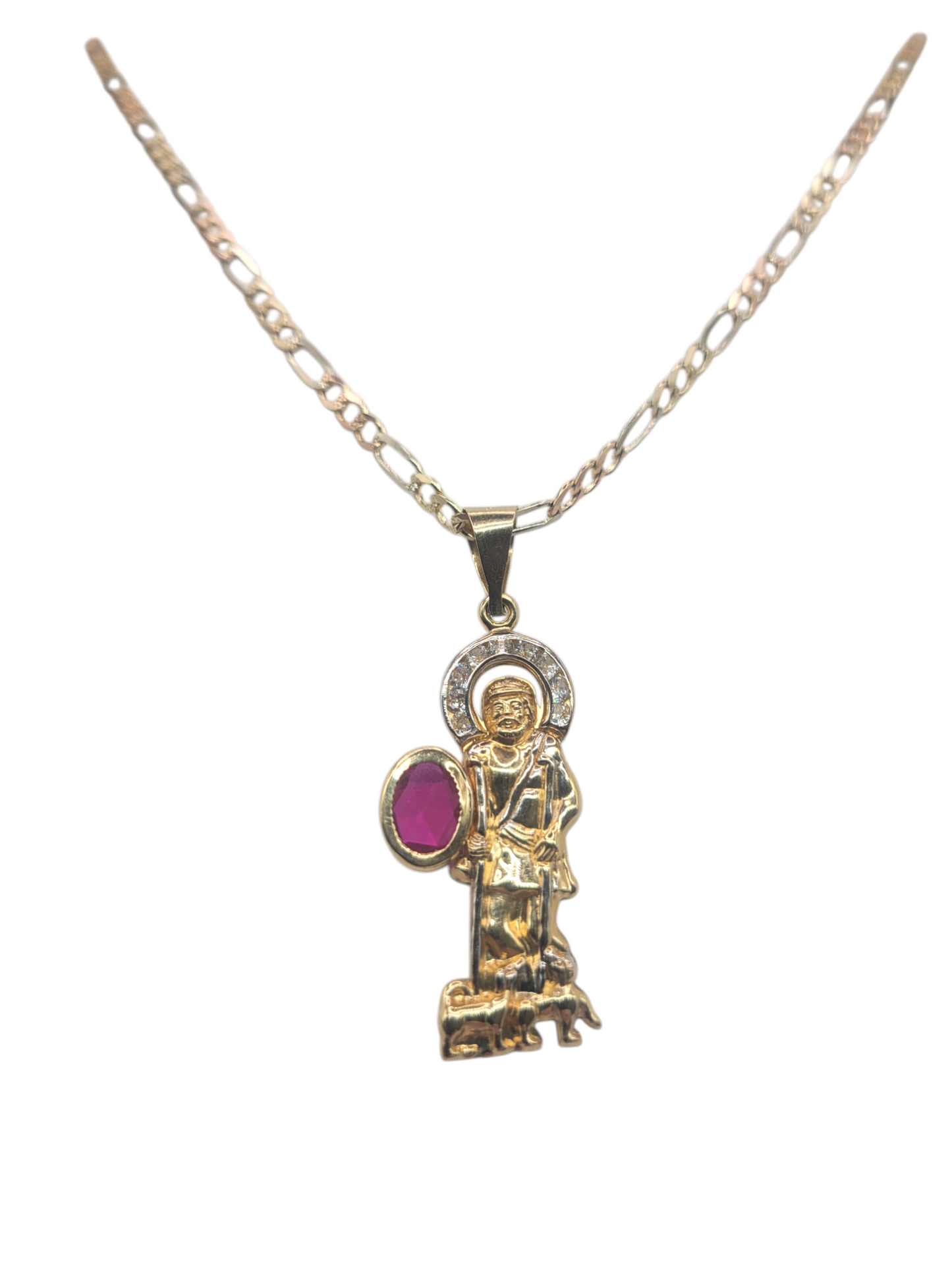 10K gold Figaro chain. Saint Lazarus pendant with CZ stones. 24in . 3.5mm