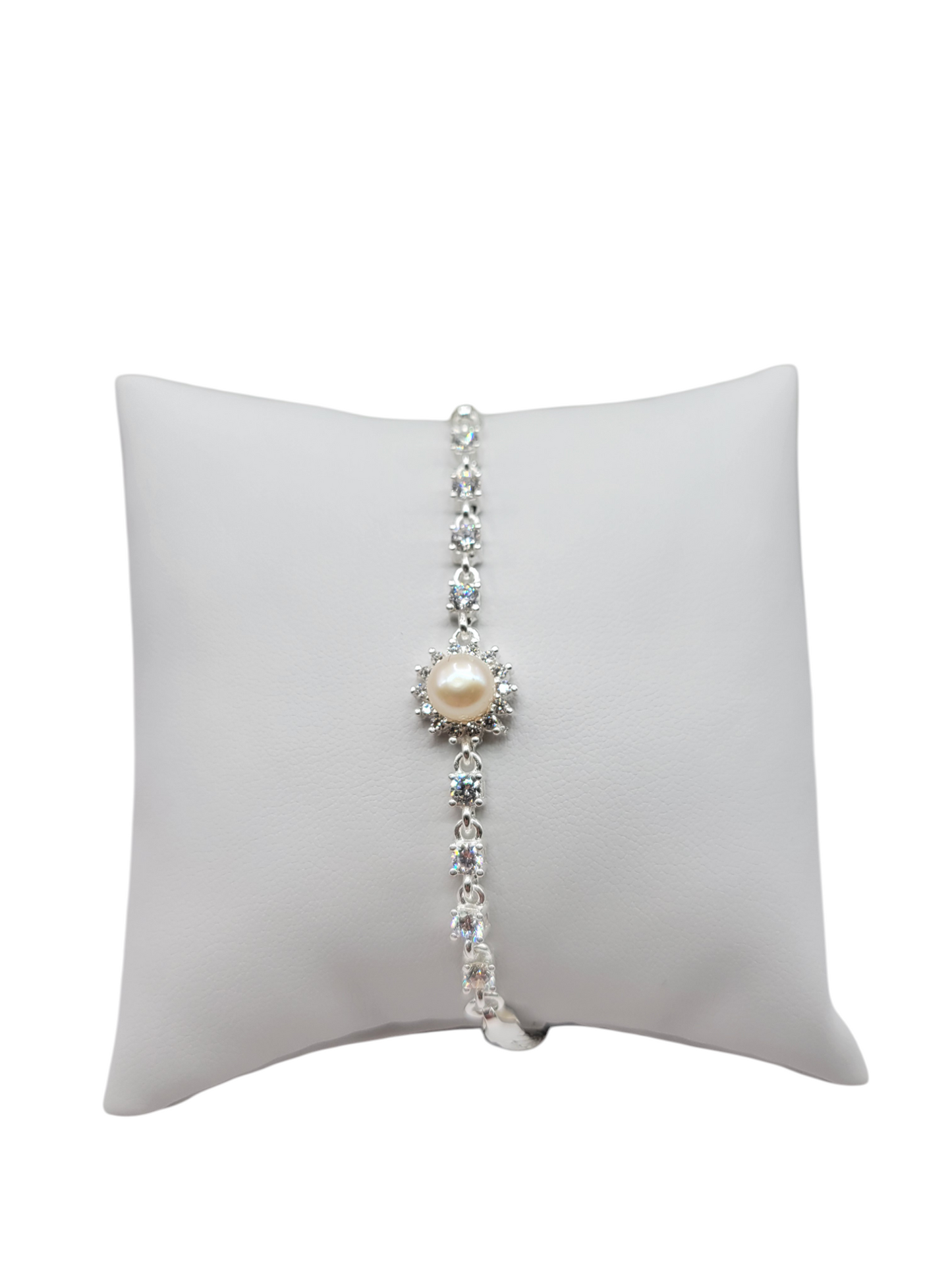 925 Sterling Silver Bracelet. White Pearl. CZ Stone. 8in. 3mm