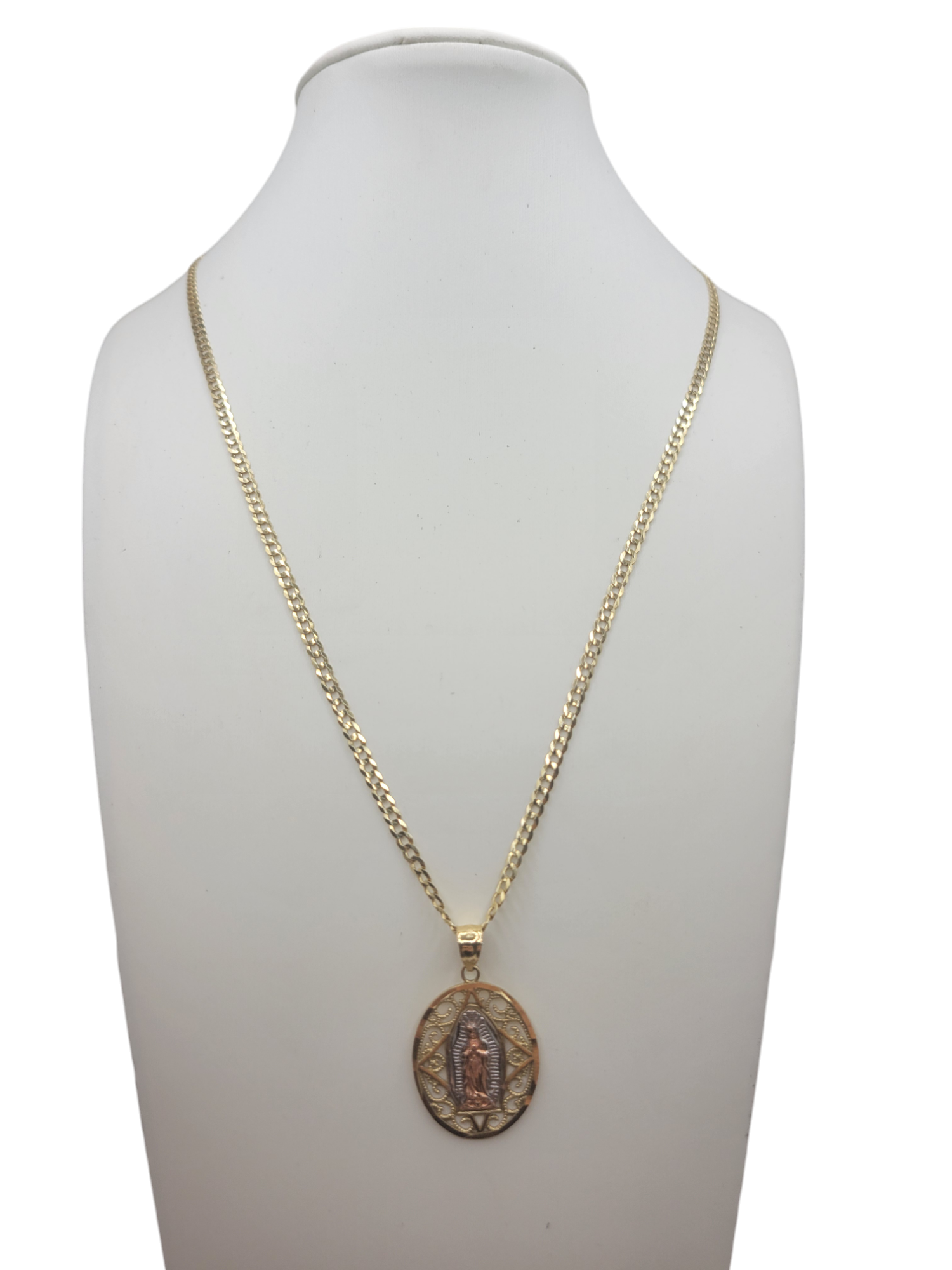 10K gold Cuban chain. Virgin of Guadalupe pendant. 18 inches. 2.5 mm.
