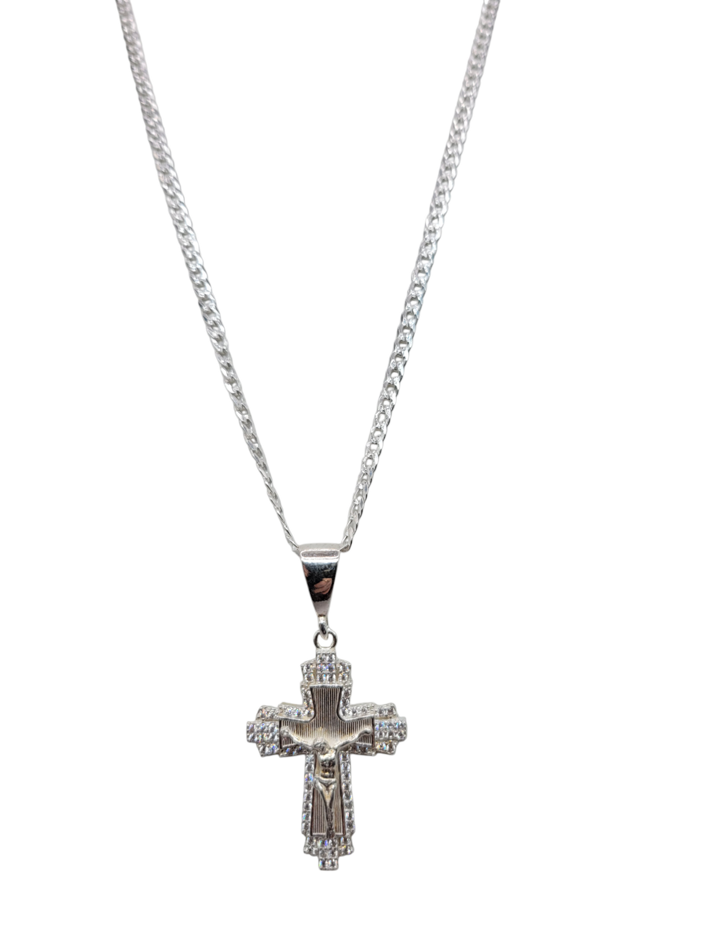 925 sterling silver chain. Jesus Christ pendant. CZ stone. 22 inches. 3 mm