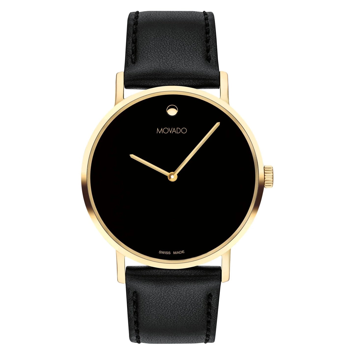 An icon of modern design, the Movado Signature watch features a 40mm yellow gold PVD stainless steel case, a black dial, and a black leather strap