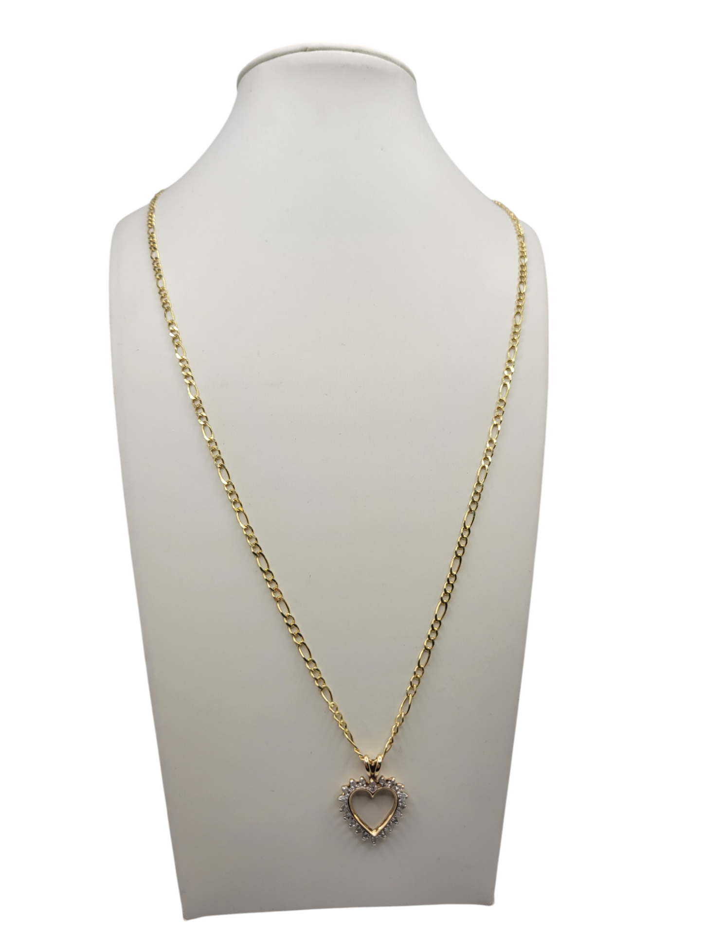 10K Gold Figaro Chain. Heart Pendant with CZ Stone. 22 inches (2.5 mm).