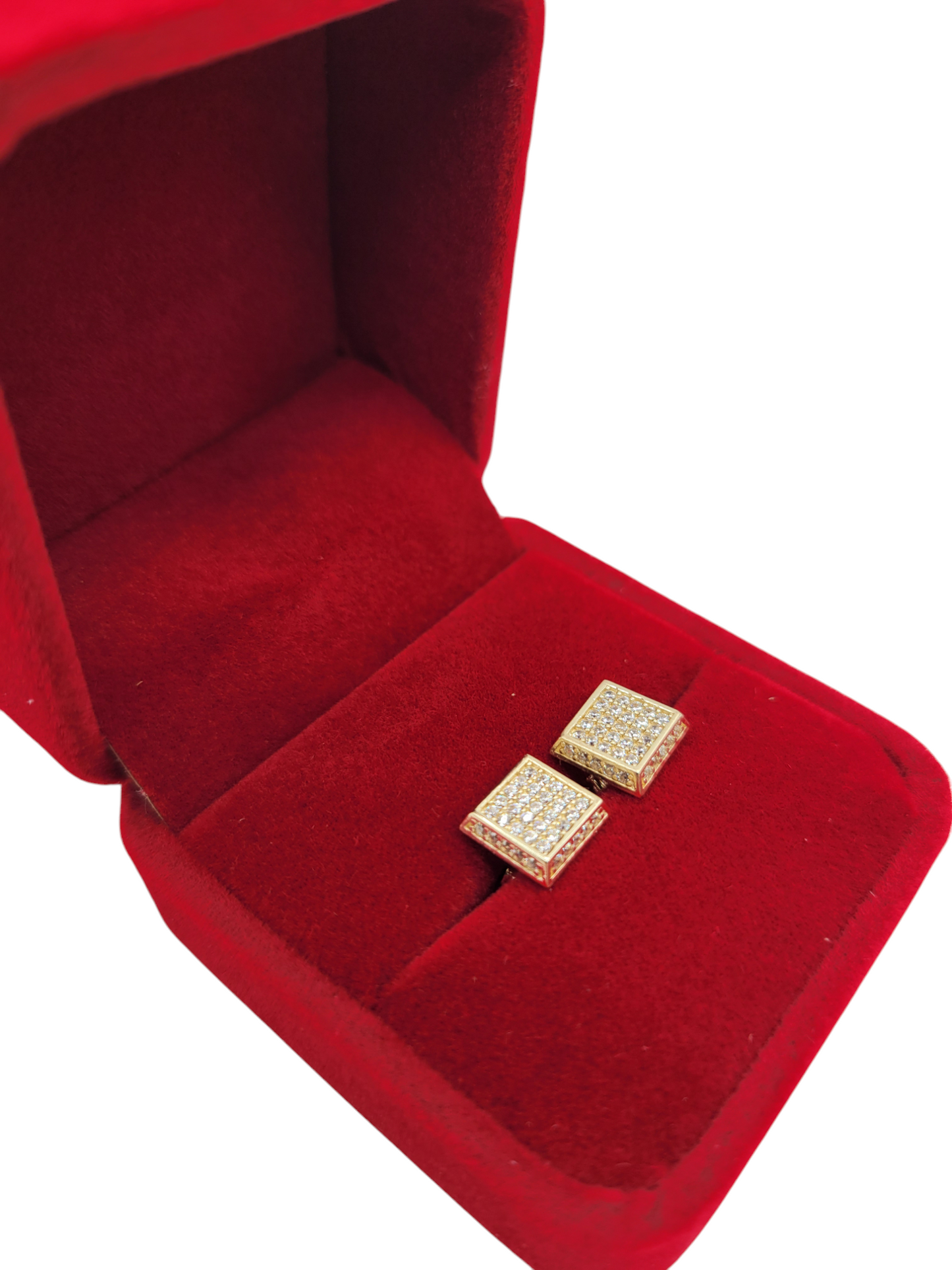 10K gold square earrings with CZ stone.