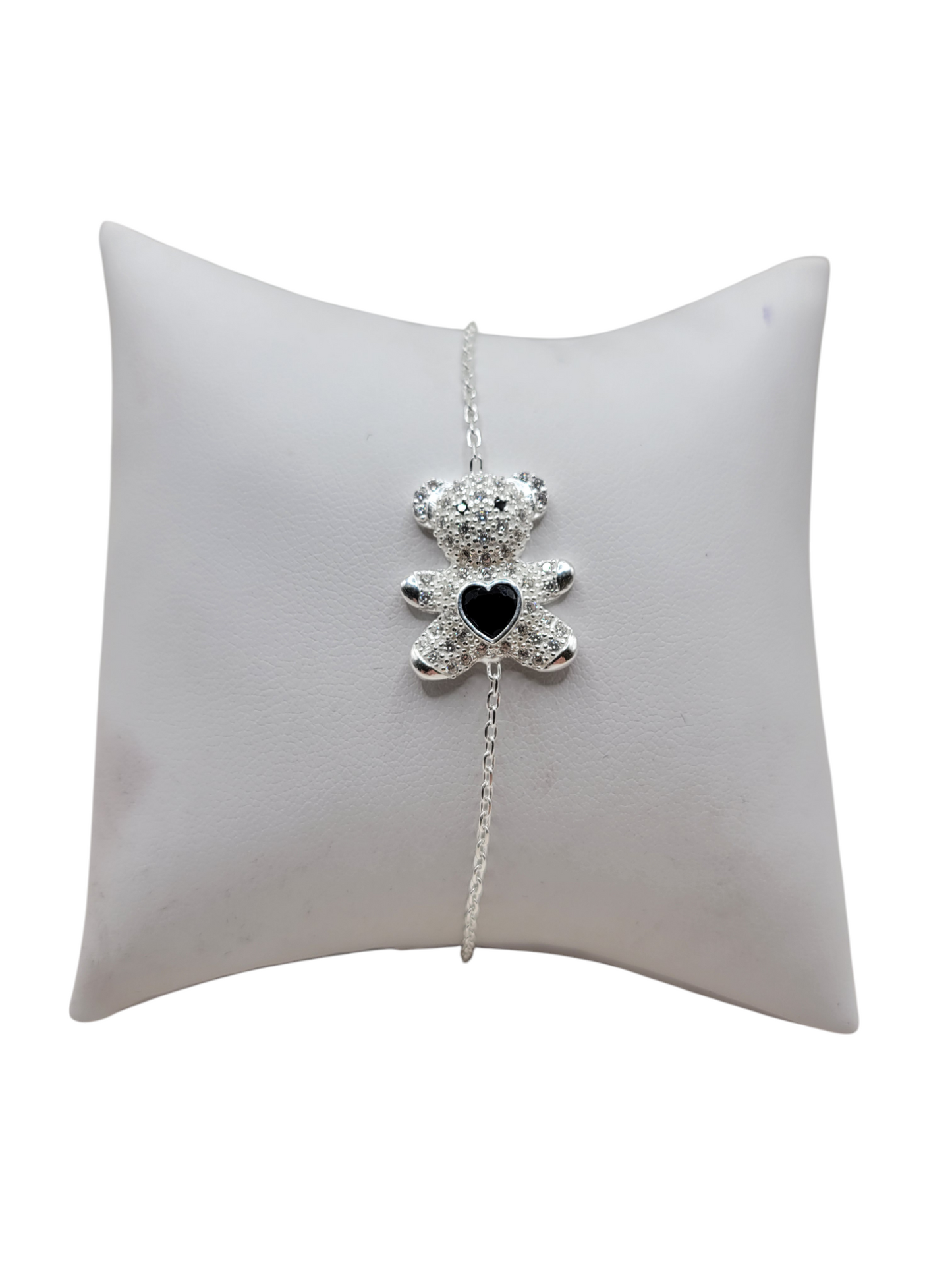 925 silver bracelet Bear with heart, black CZ stone. 8.5in. 1mm