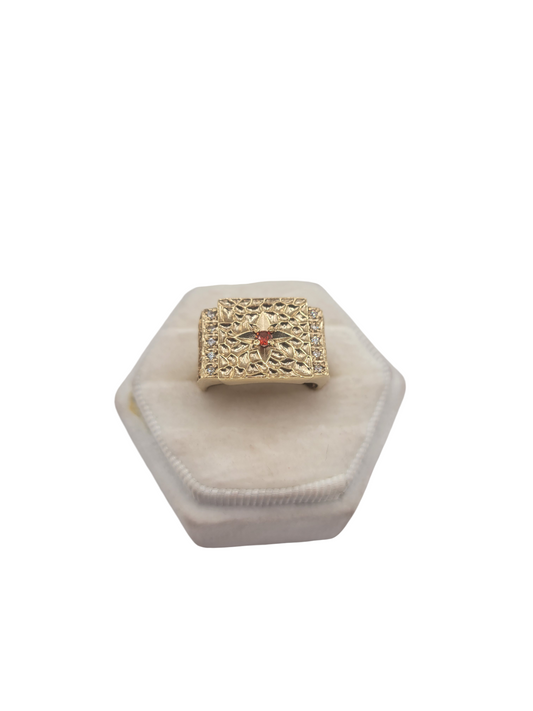 10K gold ring, nugget style, with red CZ stone. Size 8