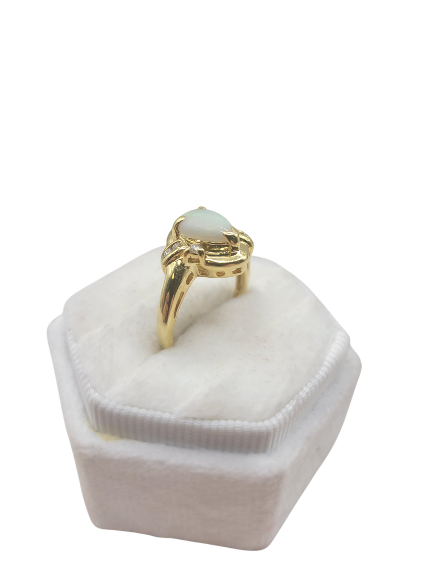 14K gold ring with real diamonds and opal in the central drop shape. Size 7