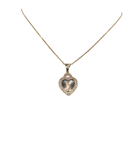 14K gold chain. heart pendant Virgin of Guadalupe. 16in. 1.3mm| KB GOLD JEWELRY