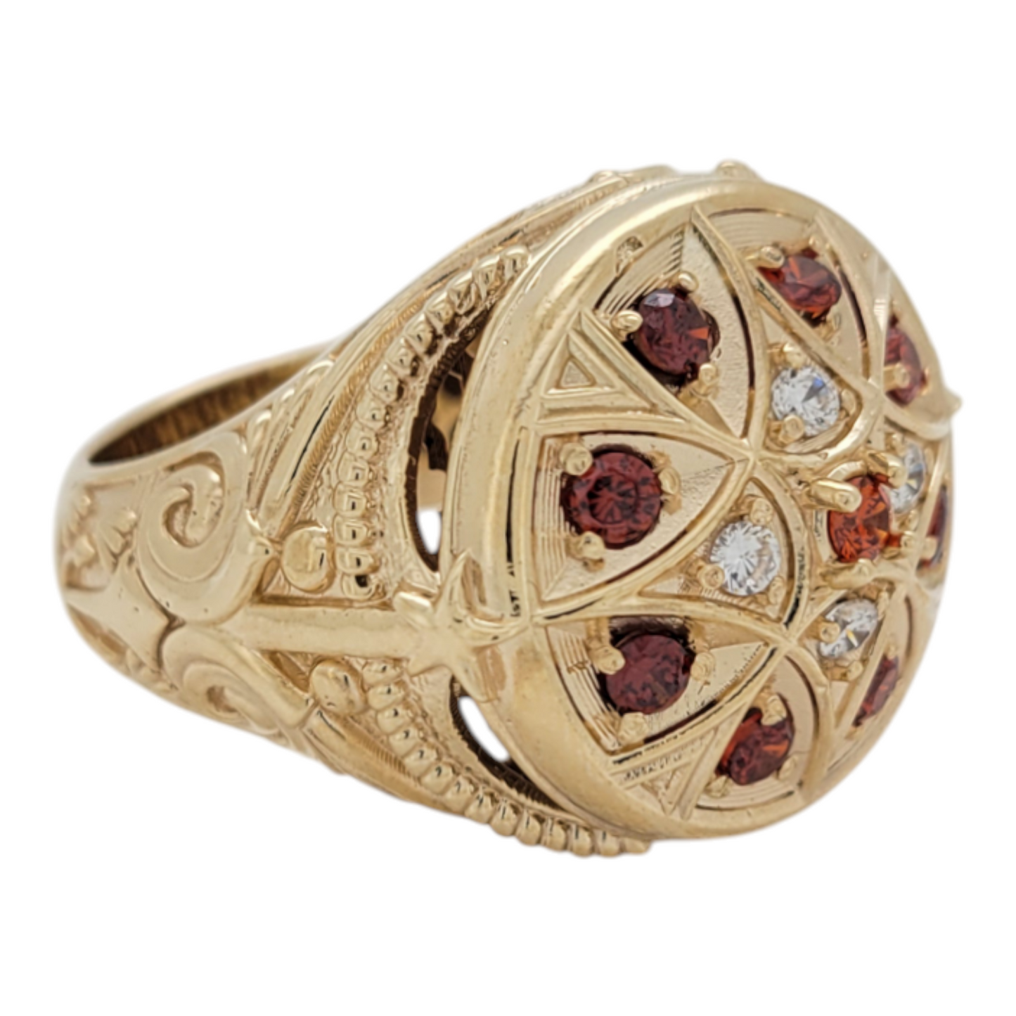 10K gold ring. Rosette. Red CZ stones. Size 11.