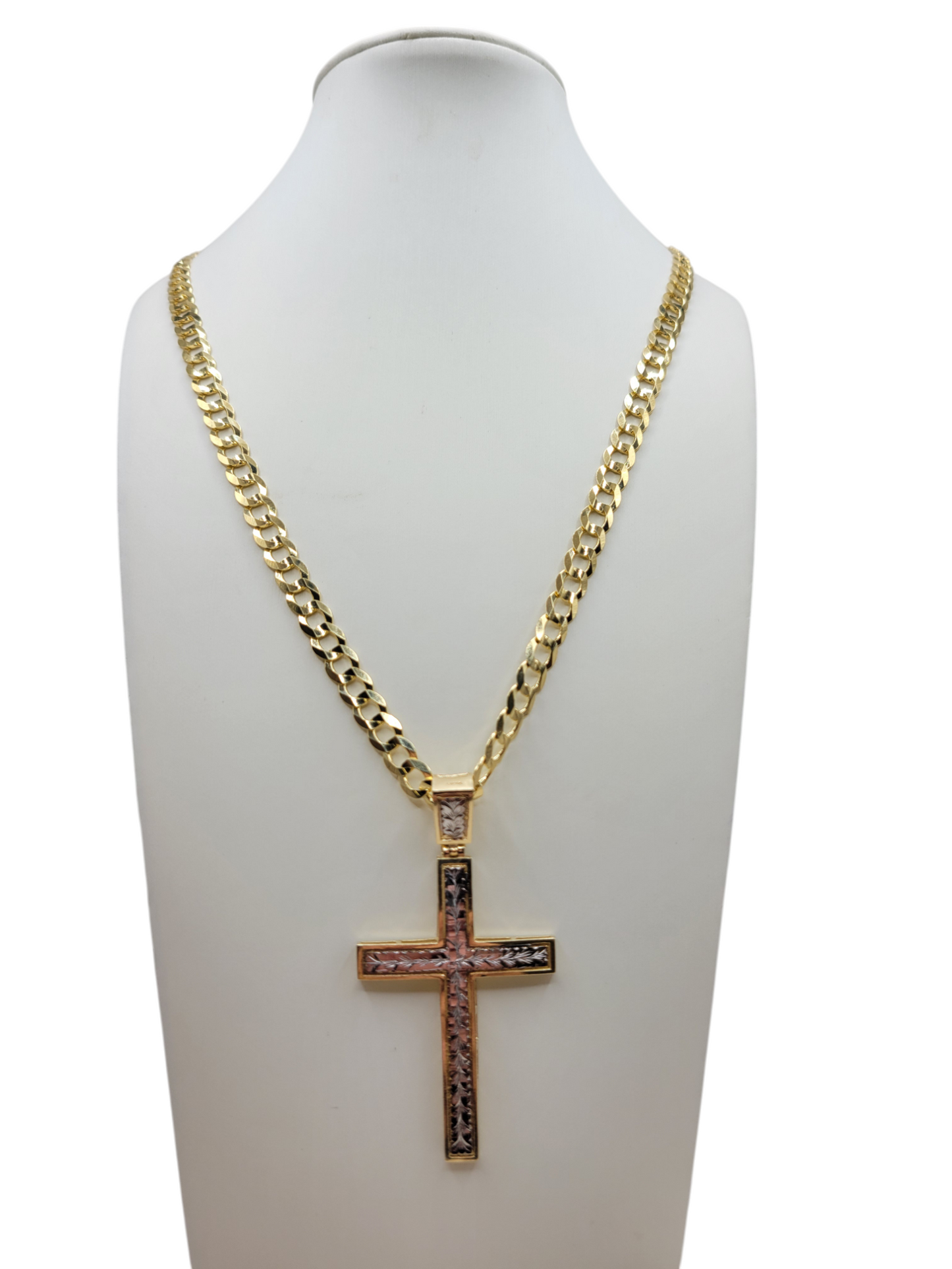 14K gold Cuban chain. Cross pendant with white accents. 24 inches. 6 mm.