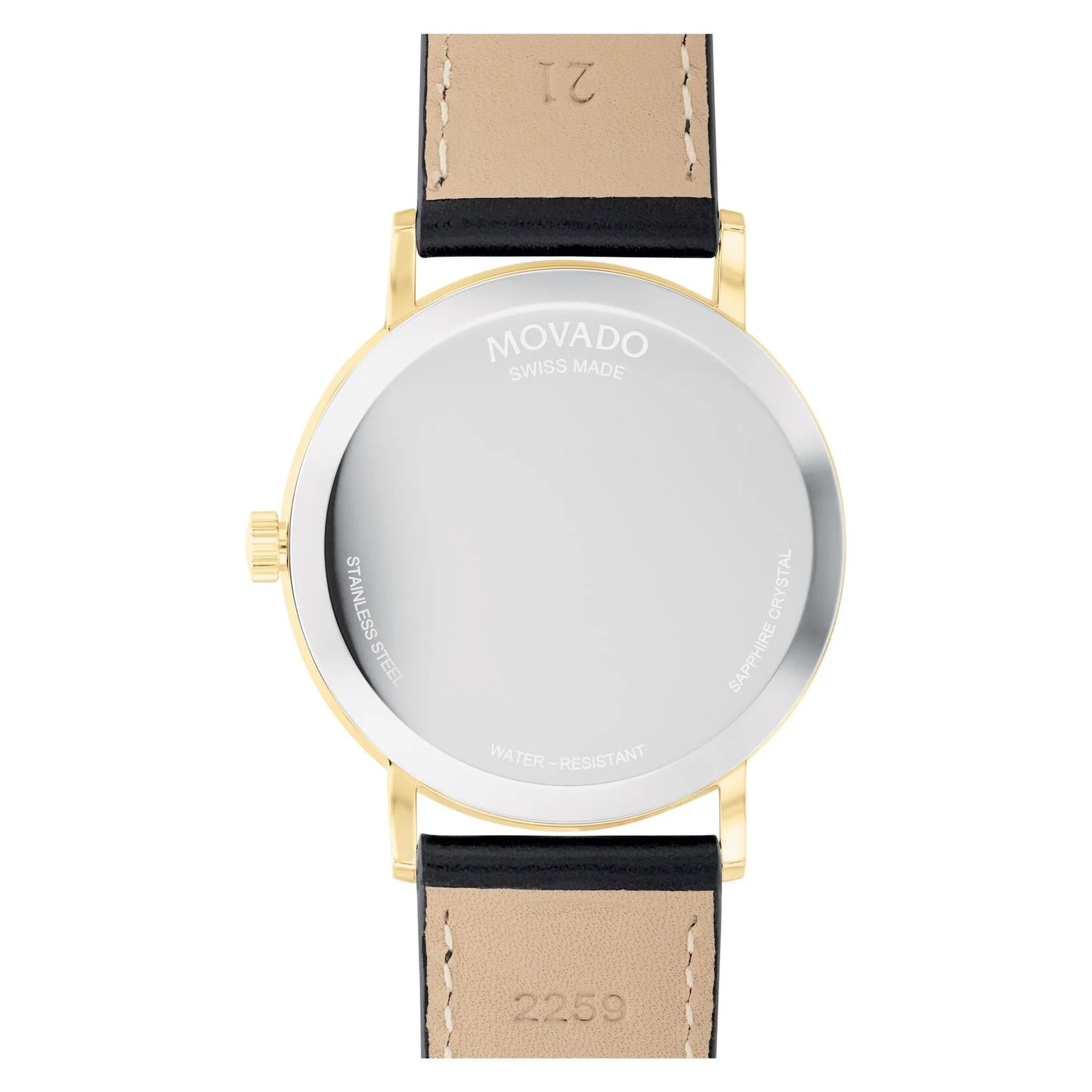 An icon of modern design, the Movado Signature watch features a 40mm yellow gold PVD stainless steel case, a black dial, and a black leather strap