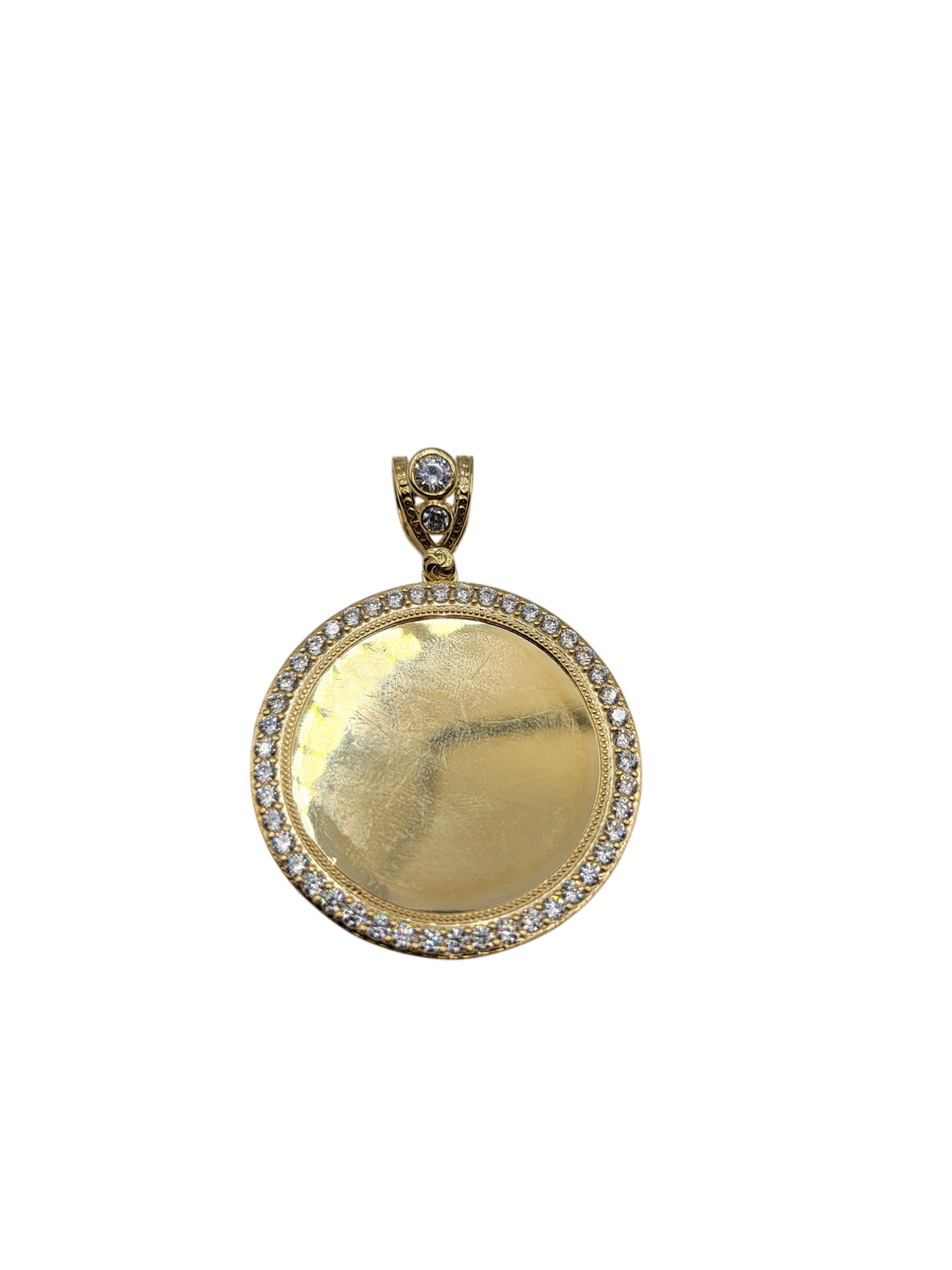 10K gold pendant. Round. Can be personalized with a photograph. CZ stone.