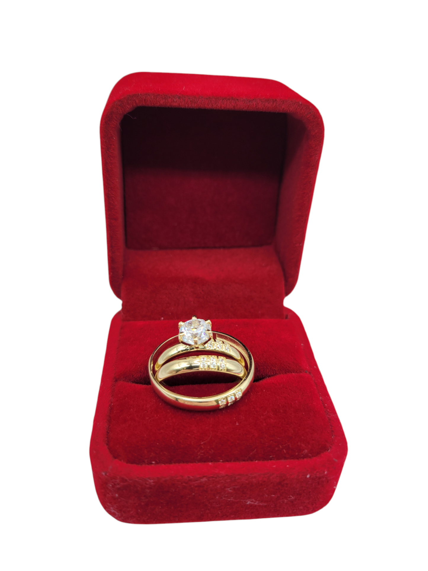 10K gold engagement rings. 3-piece set. Trio for men and women. Sizes 7.5 and 11.5.