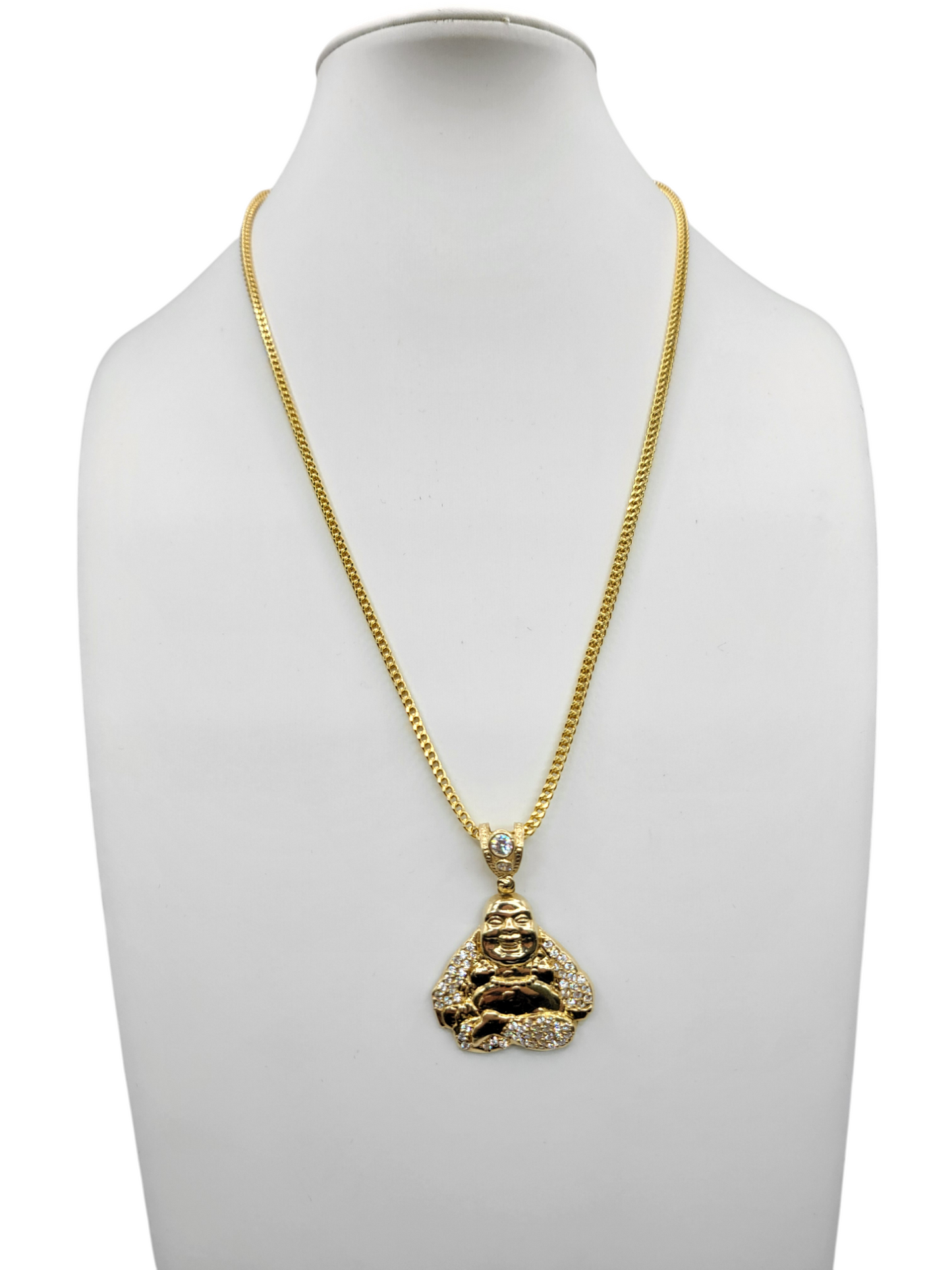 10K Gold Franco Chain. Buddha Pendant. CZ Stone. 20in ... 2mm