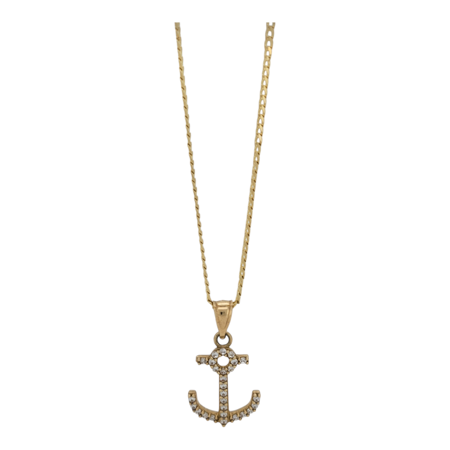 10K gold chain. Anchor pendant with CZ stone. 22in. 2mm