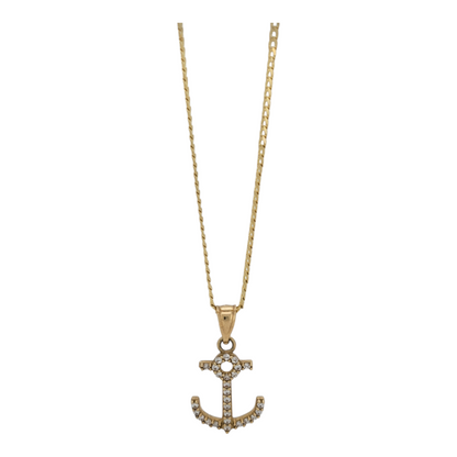 10K gold chain. Anchor pendant with CZ stone. 22in. 2mm