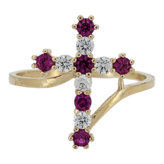 10K gold ring. Cross with pink CZ stone. Size 7