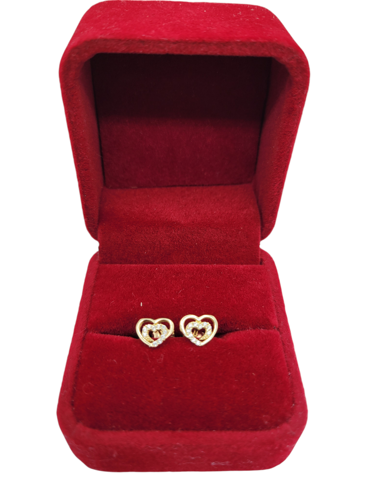 10K gold earrings. Double heart. CZ stone.