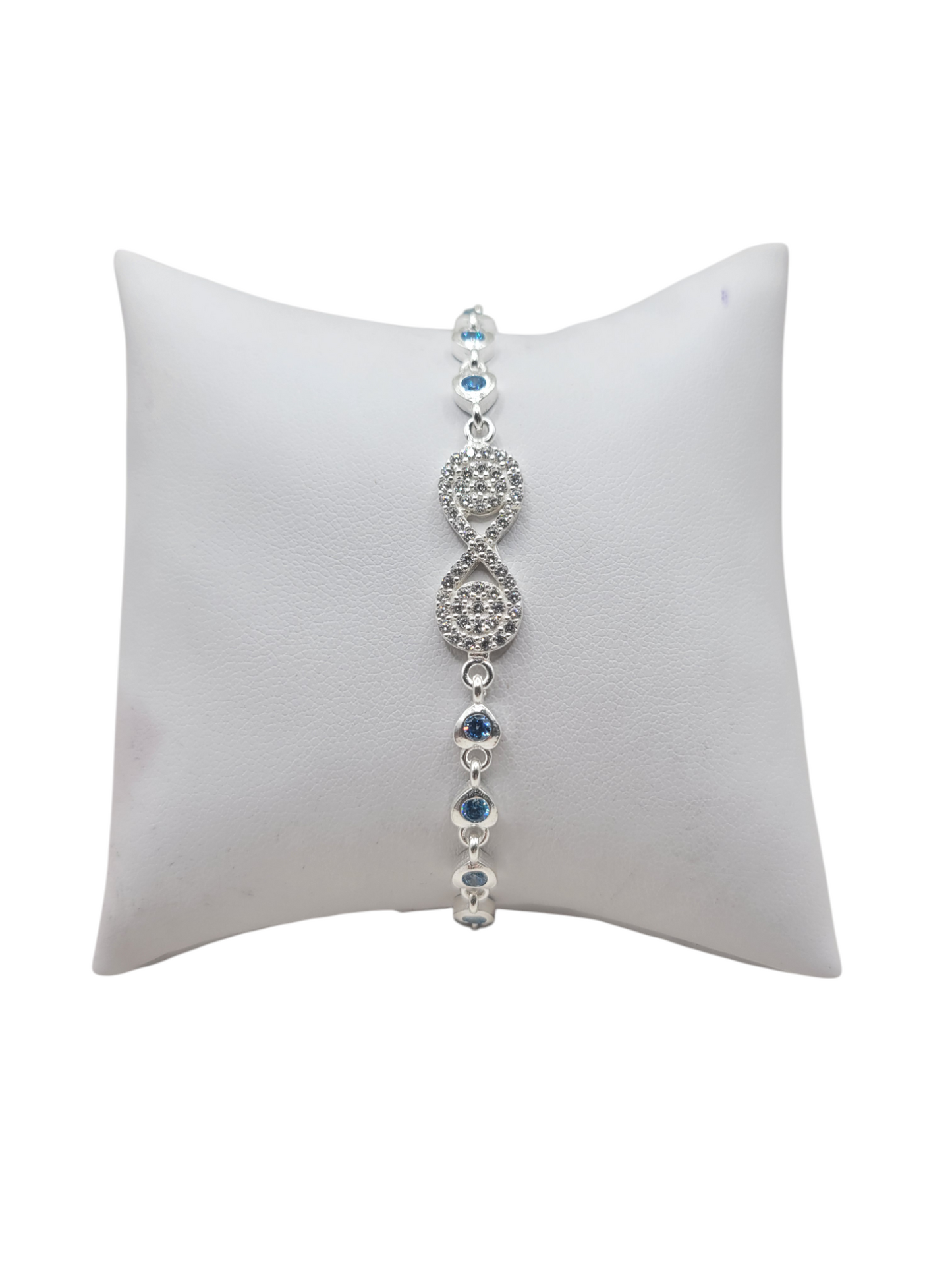 925 sterling silver infinity bracelet with light blue CZ stones. 8 in. 2 mm.
