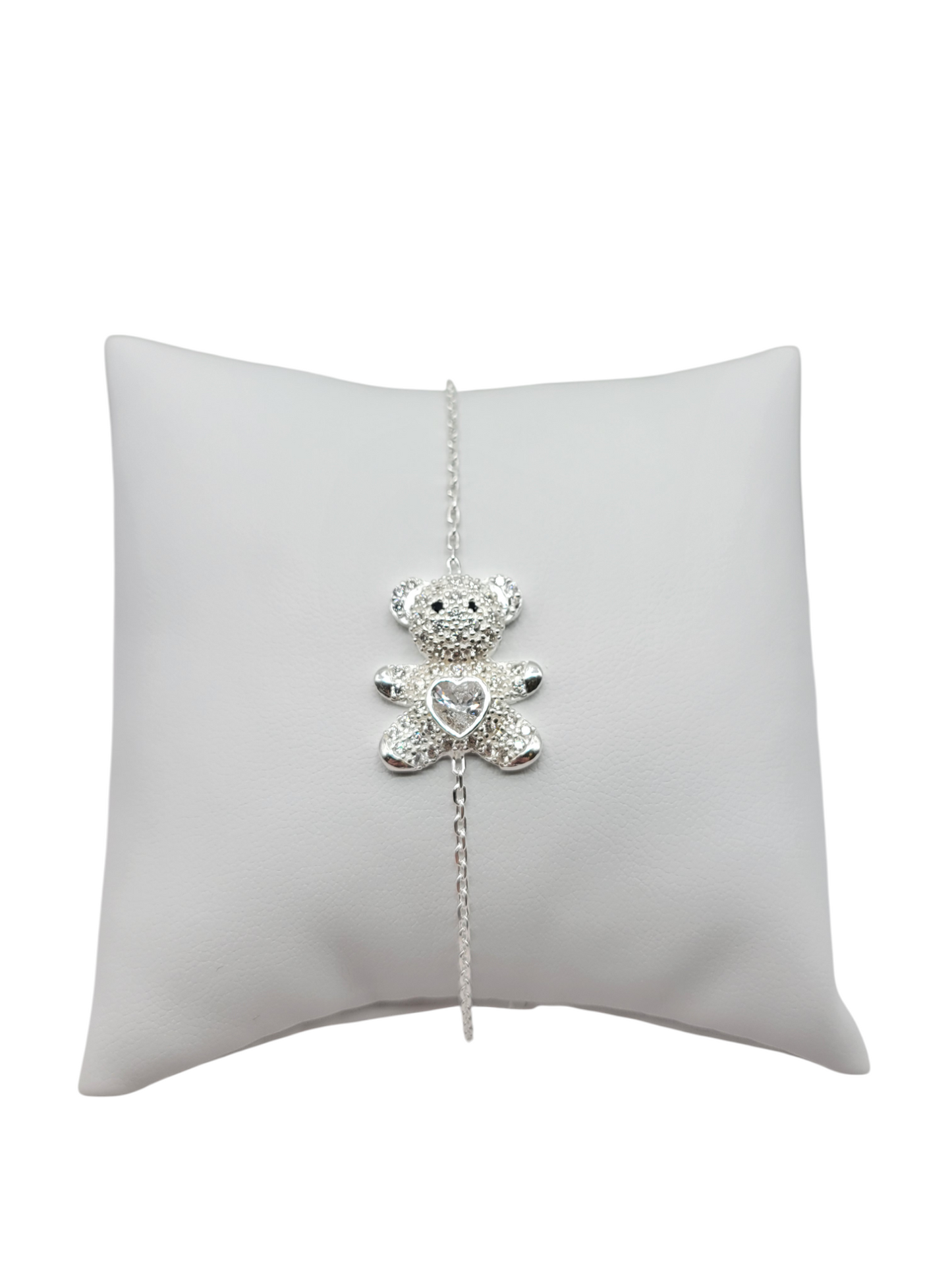 925 silver bracelet. Bear with white heart. 8.5 inches. 1 mm.