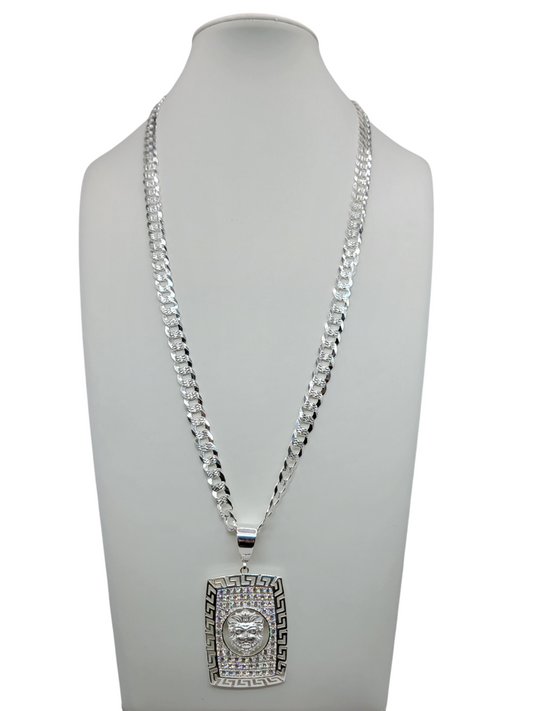 925 silver chain. Lion pendant with CZ stone. 26 inches. 7 mm