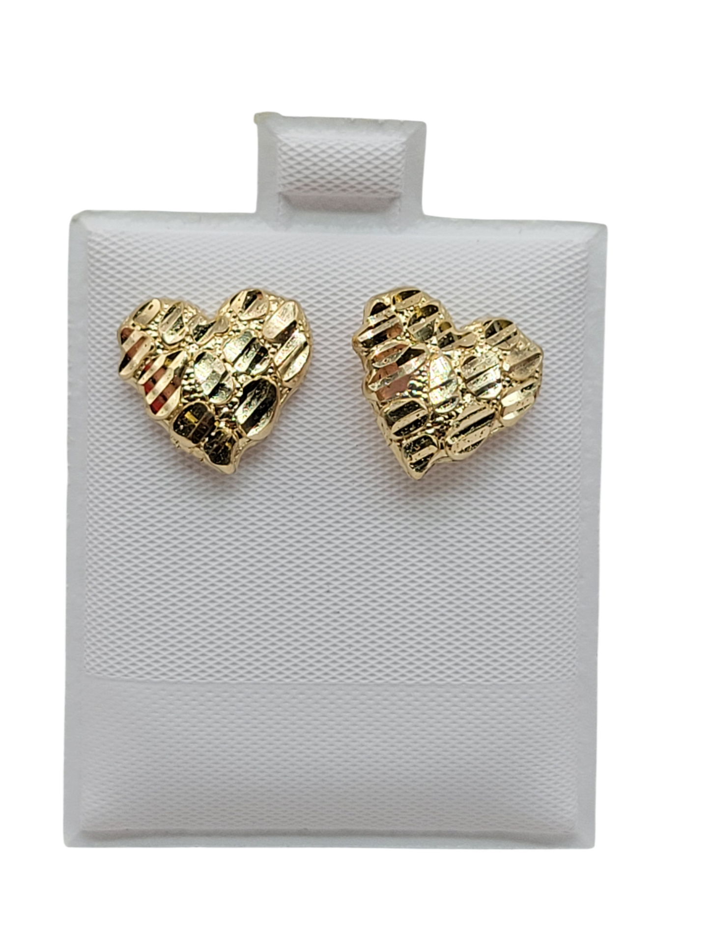 10K gold stud earrings. Small heart-shaped nugget style.