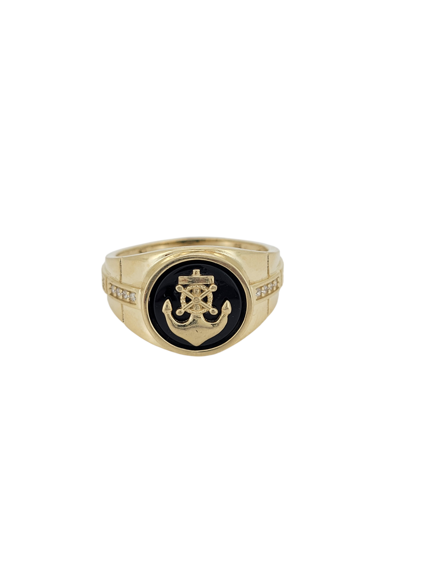 10K gold ring. Anchor on a black base. CZ stones.