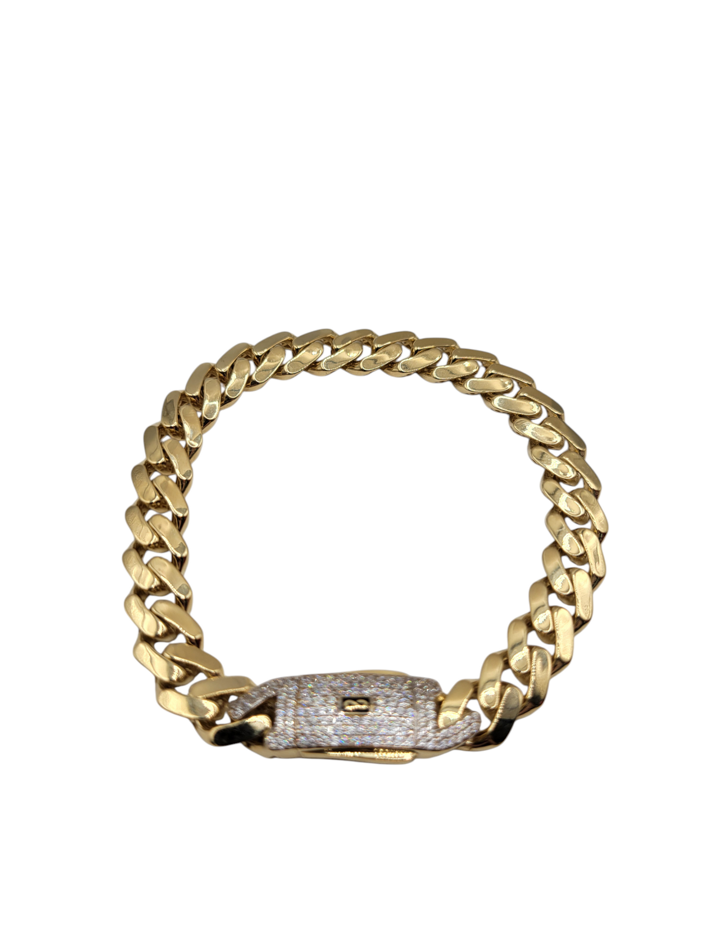 14K gold bracelet. Clasp with CZ stone. 8in . 9mm