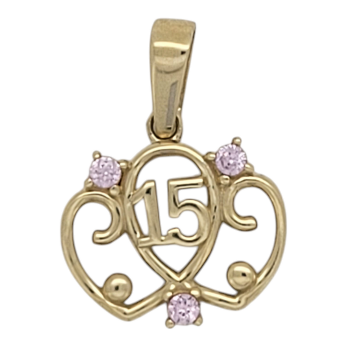 10K gold pendant. Quinceañera. Hearts with pink CZ stone.