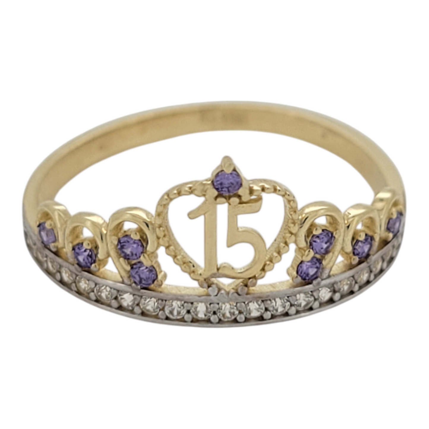 10K gold ring. Quinceanera. Crown with heart. violet CZ stone. Size 8