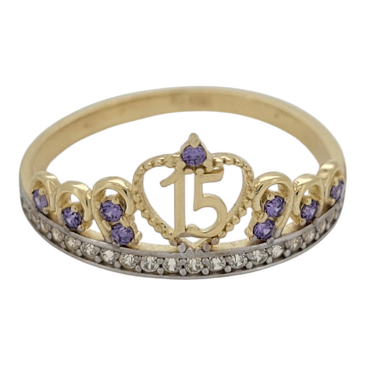 10K gold ring. Quinceanera. Crown with heart. violet CZ stone. Size 8